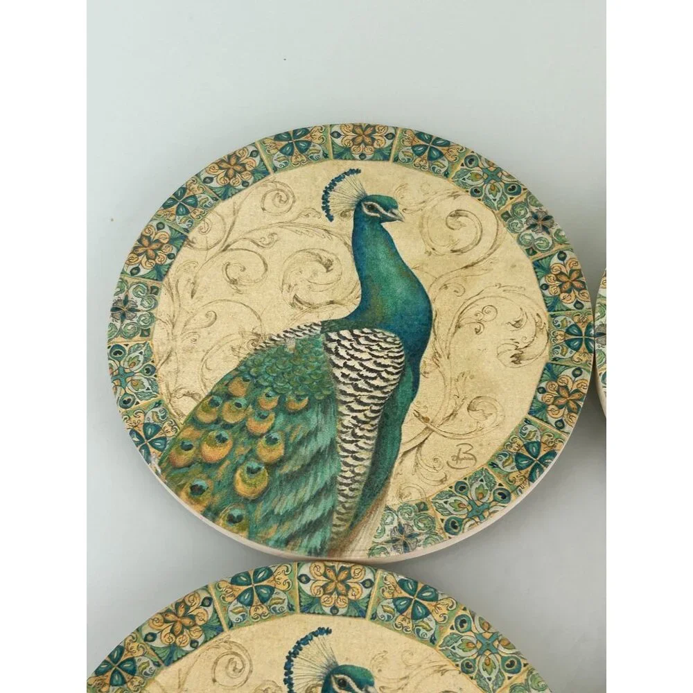 Daphne B Peacock Bird Round Coasters Teal Scrolls Bordered Elegant Pretty (4)